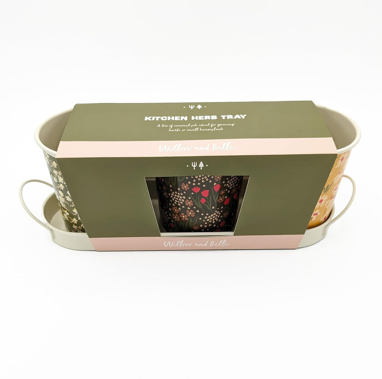 Willow and Belle Kitchen Herb Pots and Tray - Set of 3 Enamel Plant Pots