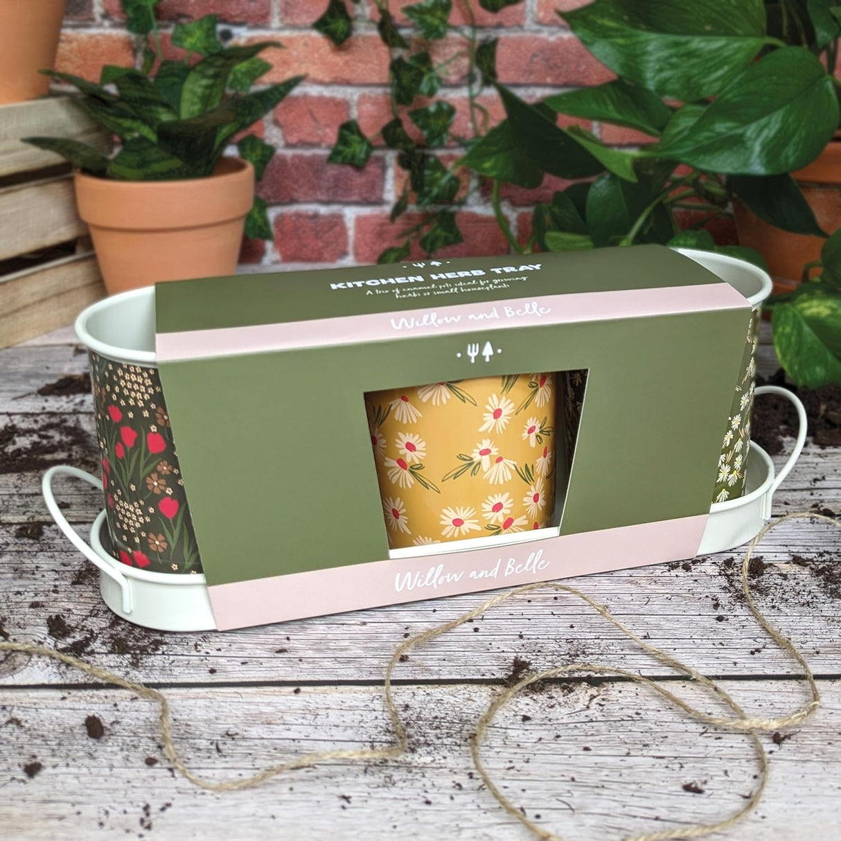 Willow and Belle Kitchen Herb Pots and Tray - Set of 3 Enamel Plant Pots