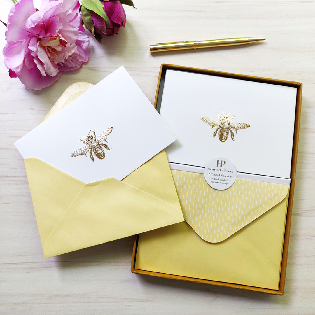 12 Notecards and Envelopes in Gift Box - Bee Design