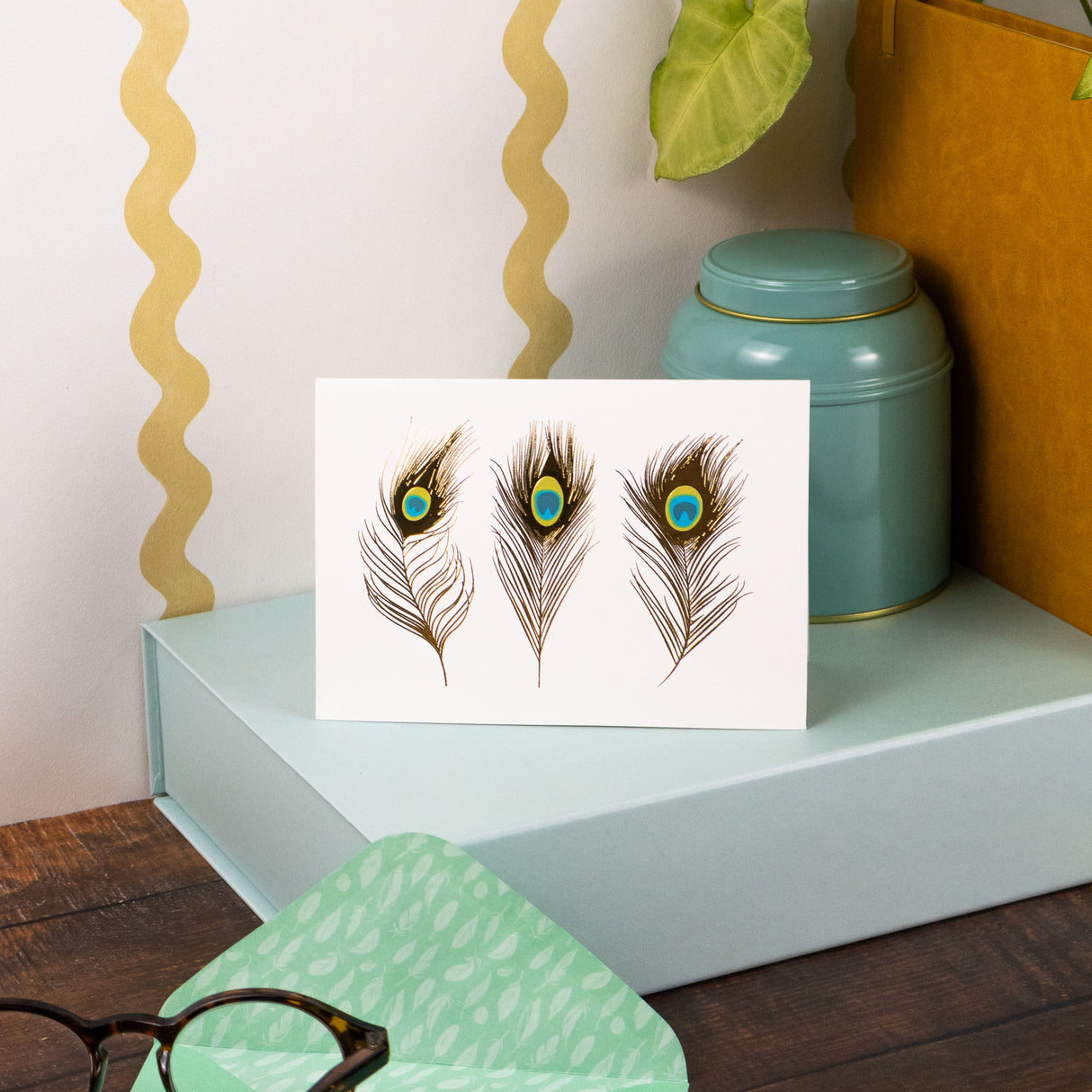 12 Notecards and Envelopes in Gift Box - Peacock Feathers Design