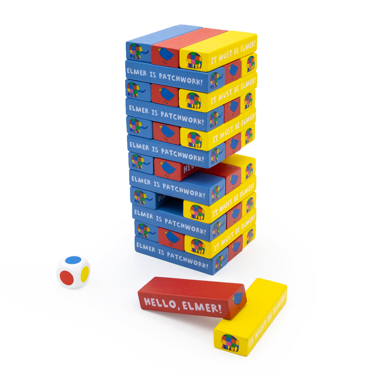 Elmer Tumble Tower Game - Wooden Stacking Set With Dice