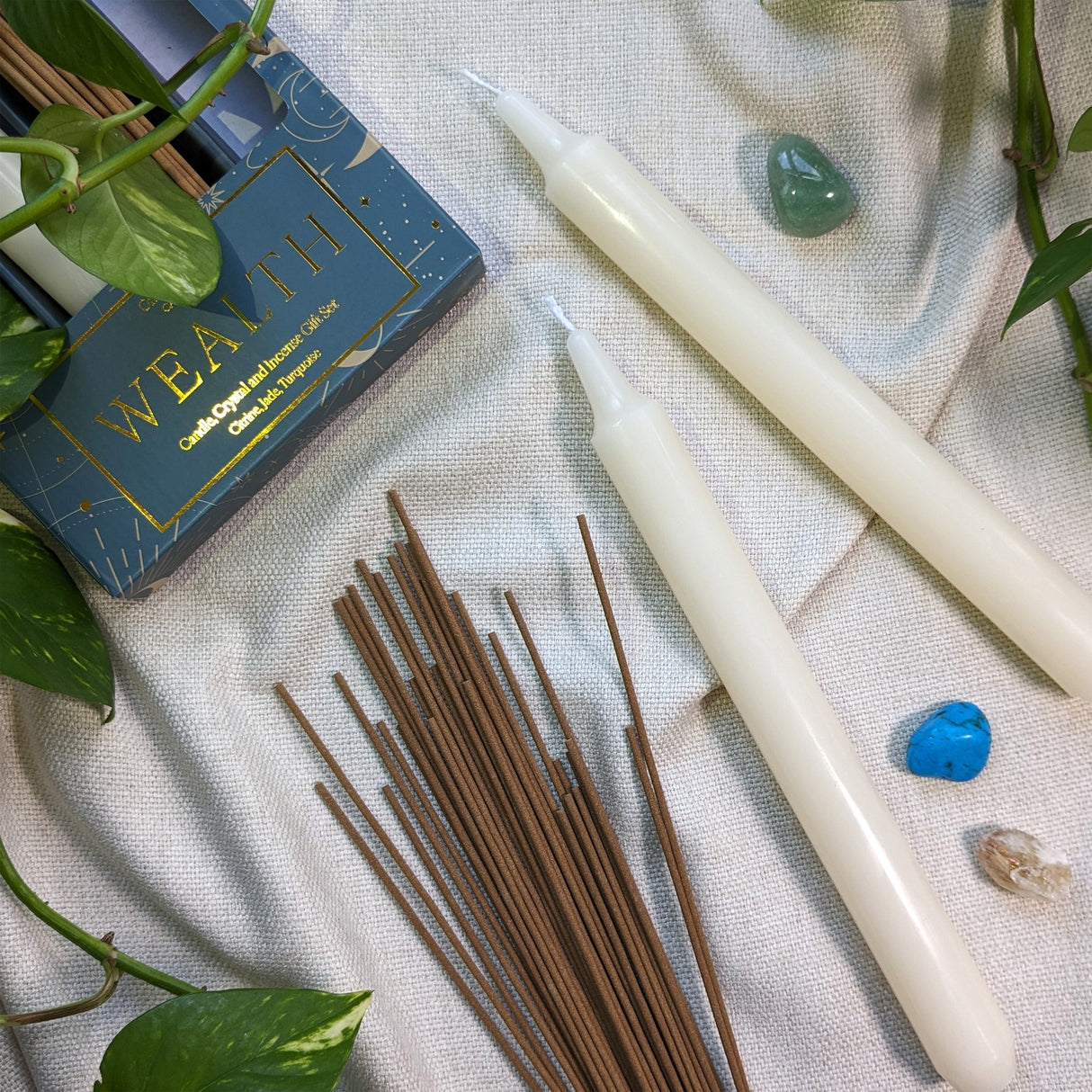 Orange Grove Wealth Candle, Crystal and Incense Set - Includes Two Candles and Three Crystal Stones