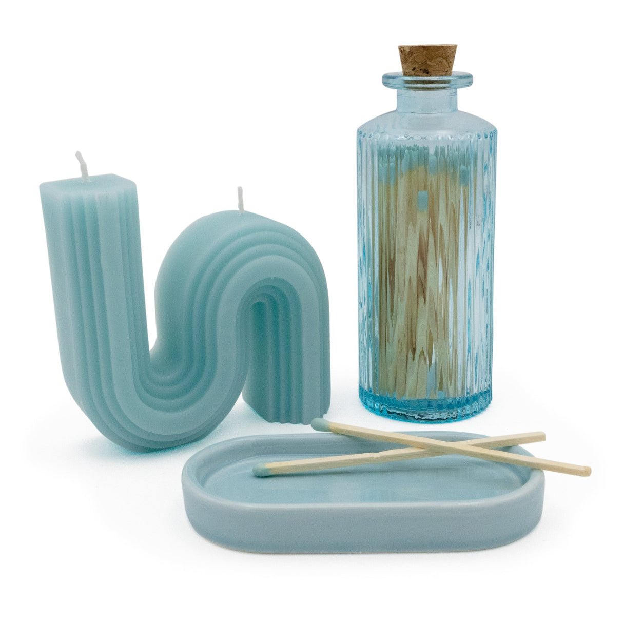 Elysian Wiggle Candle With Ceramic Tray & Matches In Glass Jar