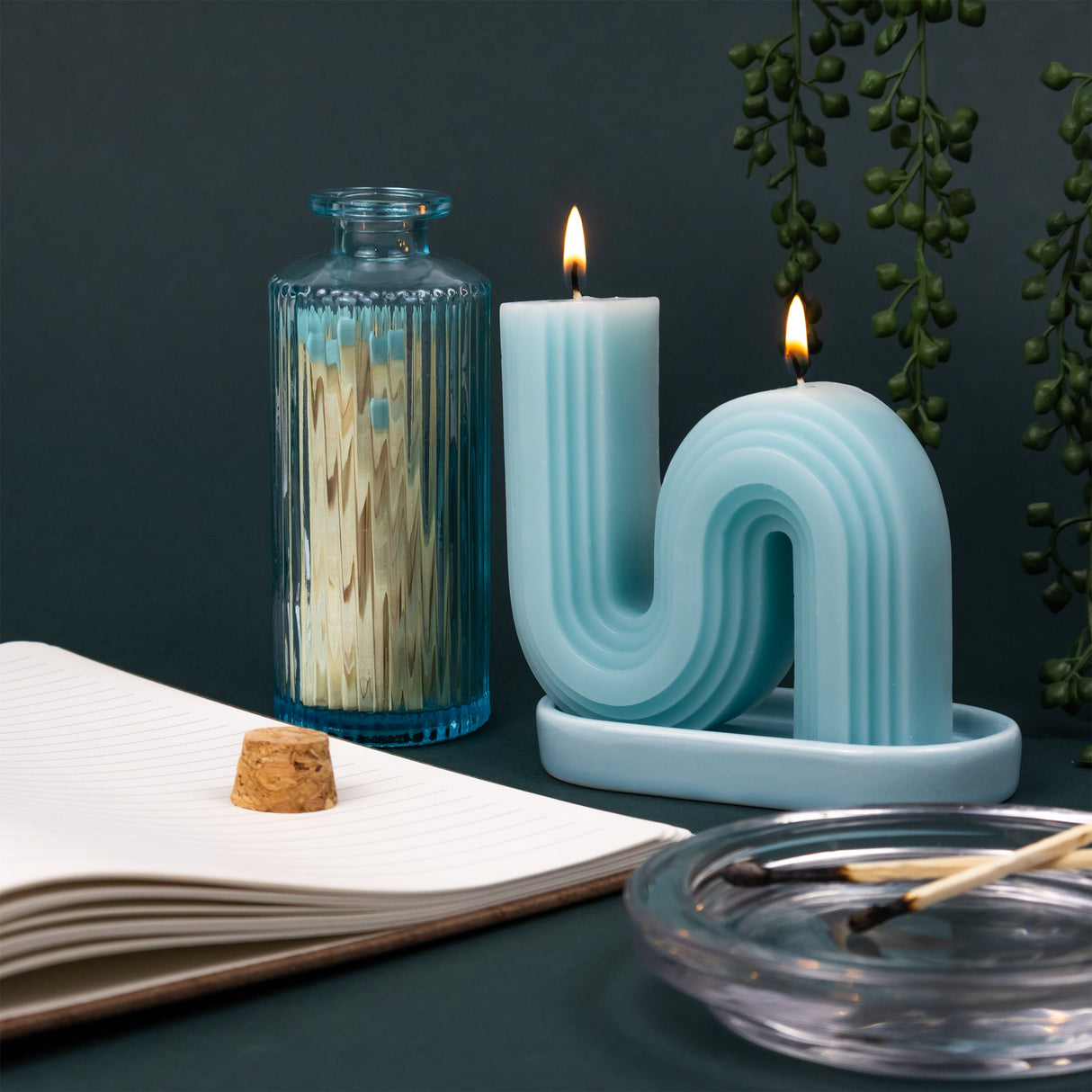 Elysian Wiggle Candle With Ceramic Tray & Matches In Glass Jar