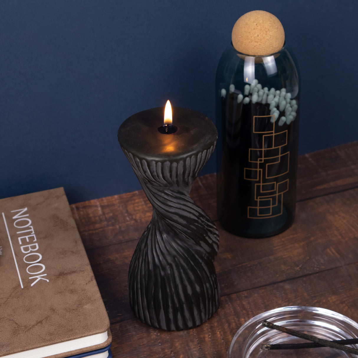 Elysian Tower Twist Candle & Matches In Glass Jar With Cork Stopper