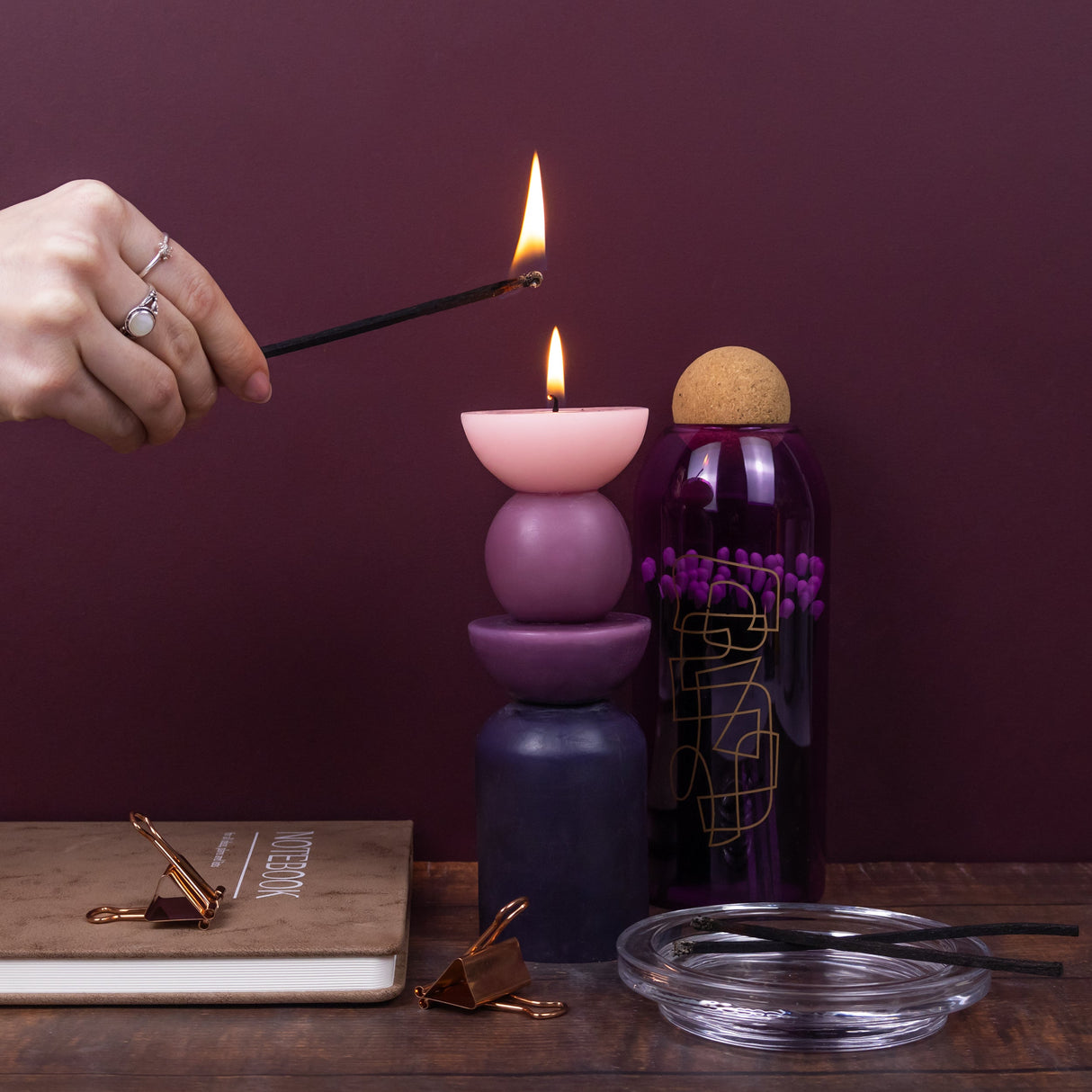 Elysian Shaped Tower Candle & Matches In Glass Jar With Cork Stopper