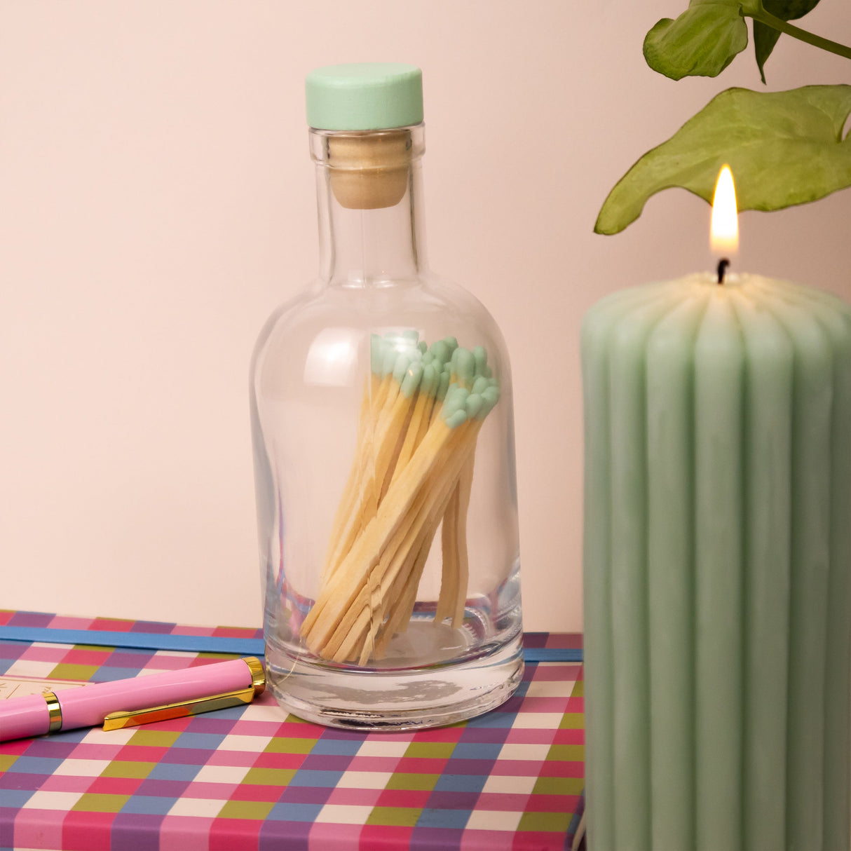 Willow and Belle Ribbed Pillar Candle & Matches In Glass Jar