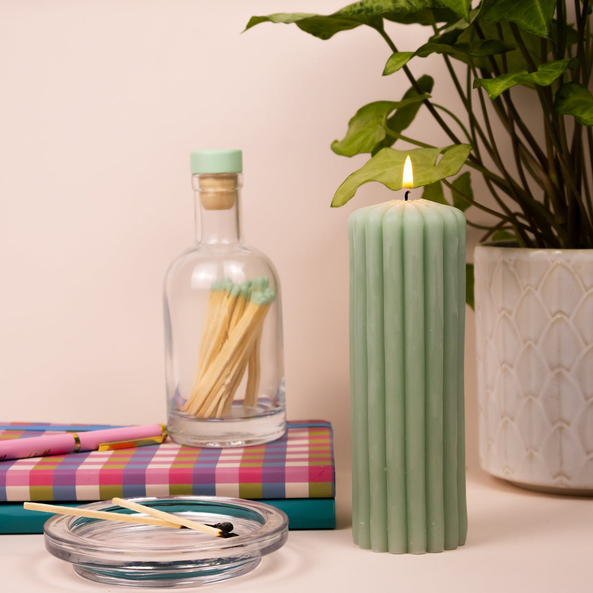 Willow and Belle Ribbed Pillar Candle & Matches In Glass Jar
