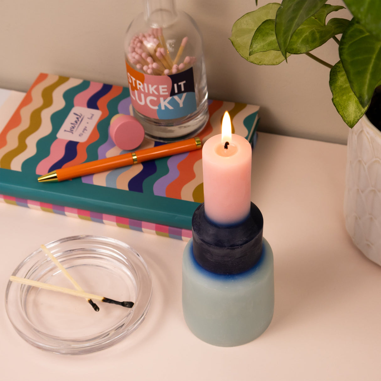 Willow and Belle Colour Block Pillar Candle & Matches in Glass Jar