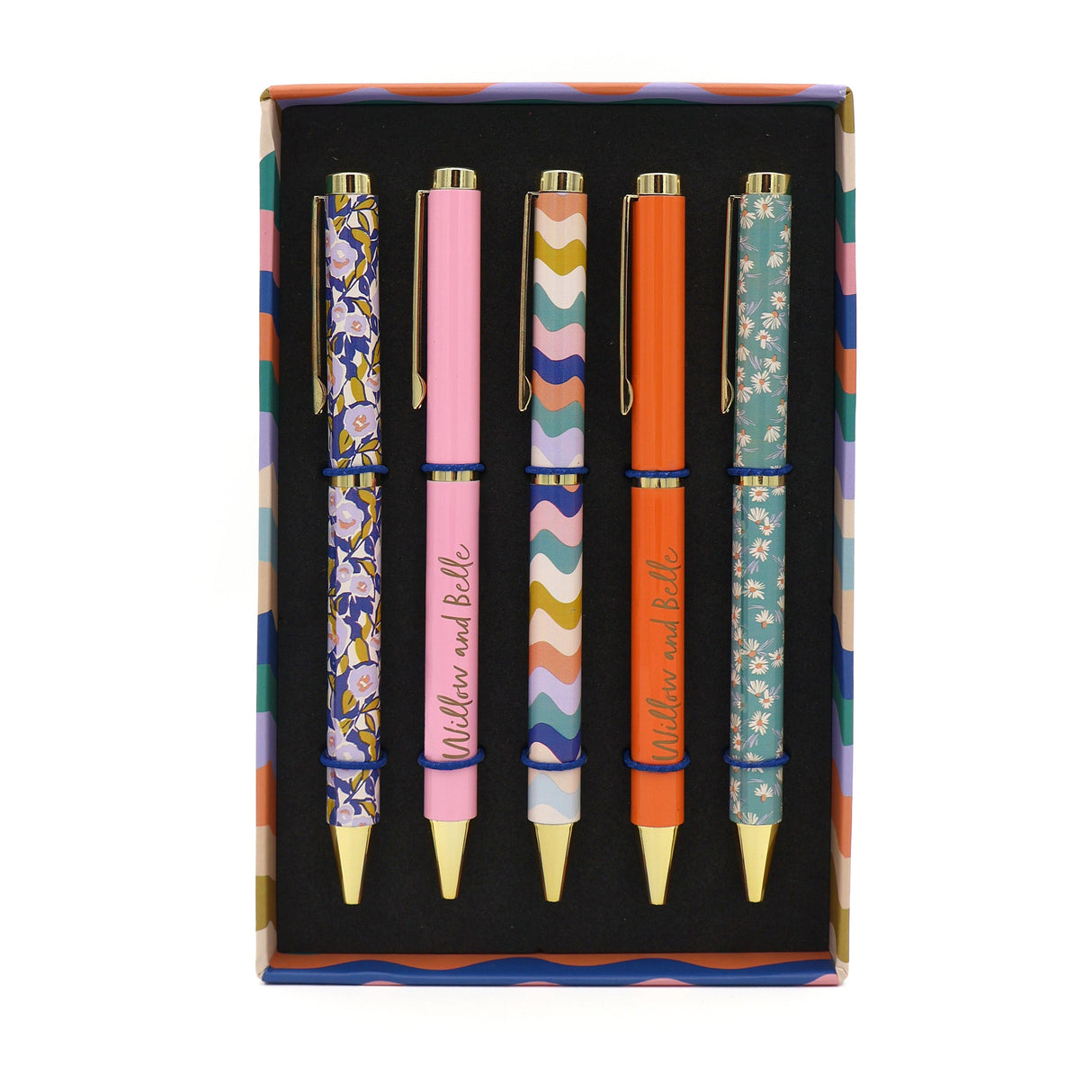 Willow and Belle Mixed Design Ballpoint Pens in Gift Box – Set of 5 Pens