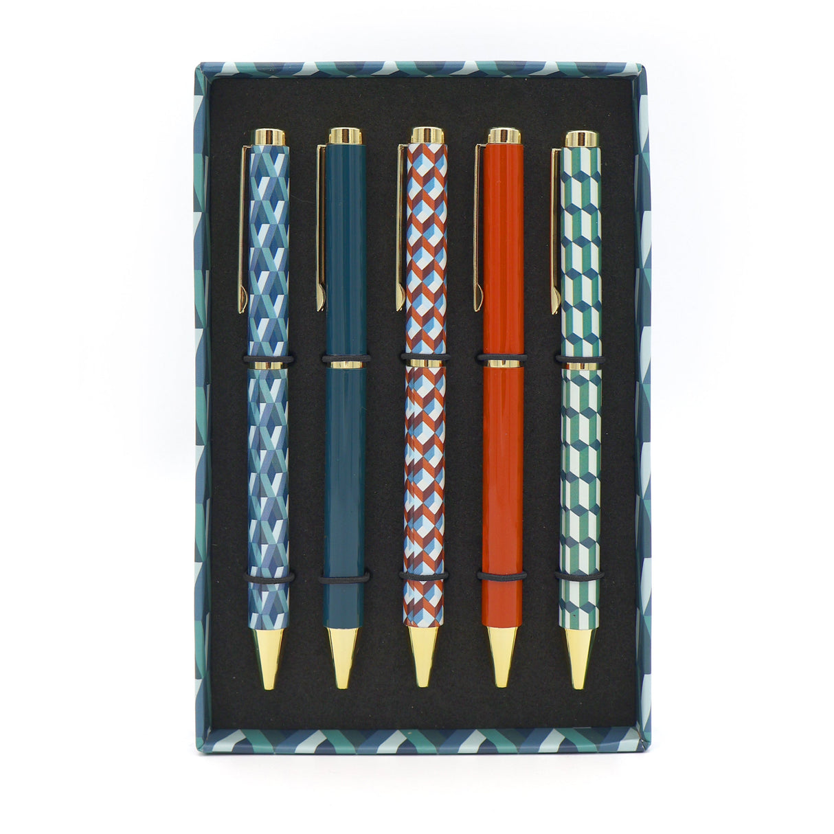 Elysian Geometric Mixed Design Ballpoint Pens in Gift Box – Set of 5 Pens