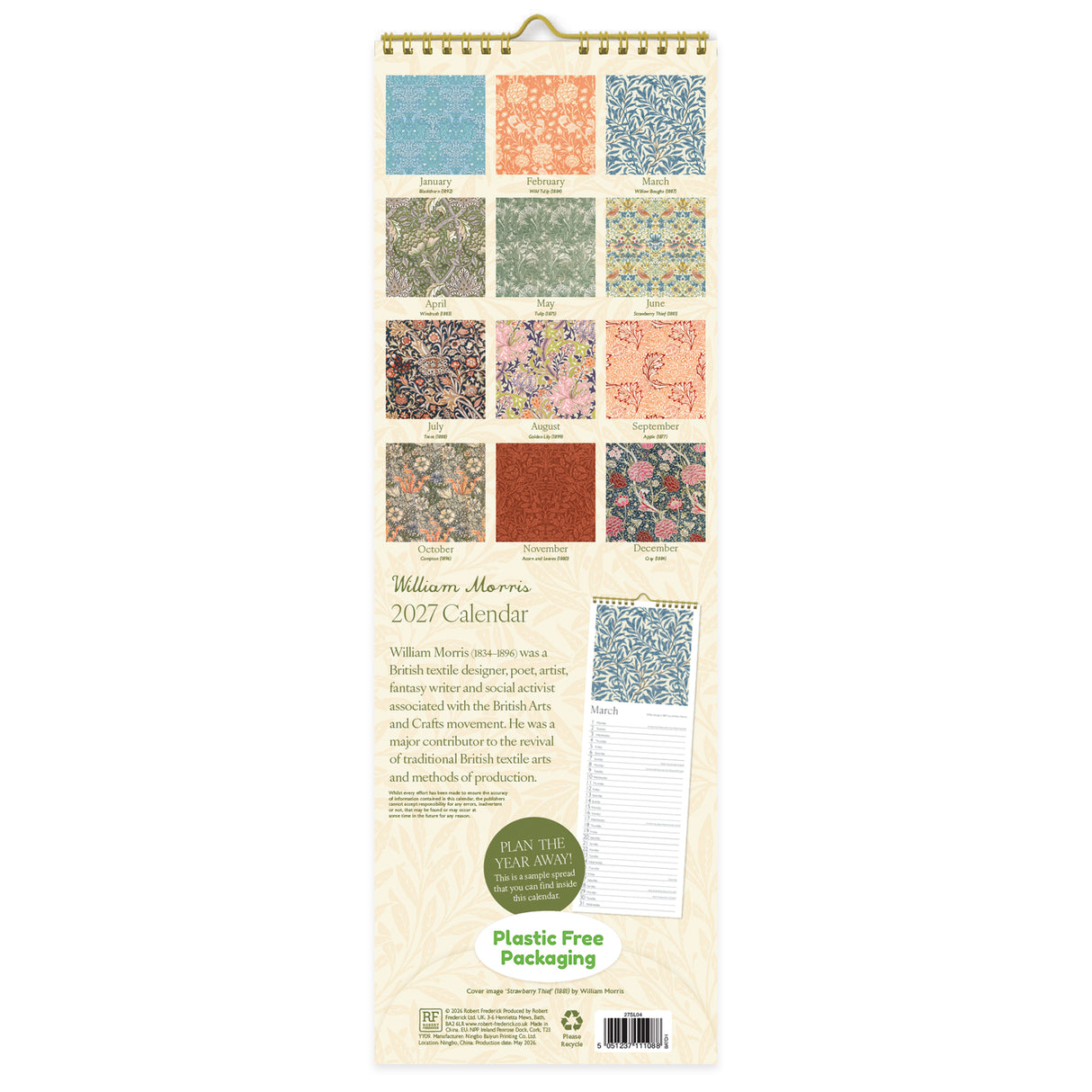 William Morris Slim Wall Calendar 2027