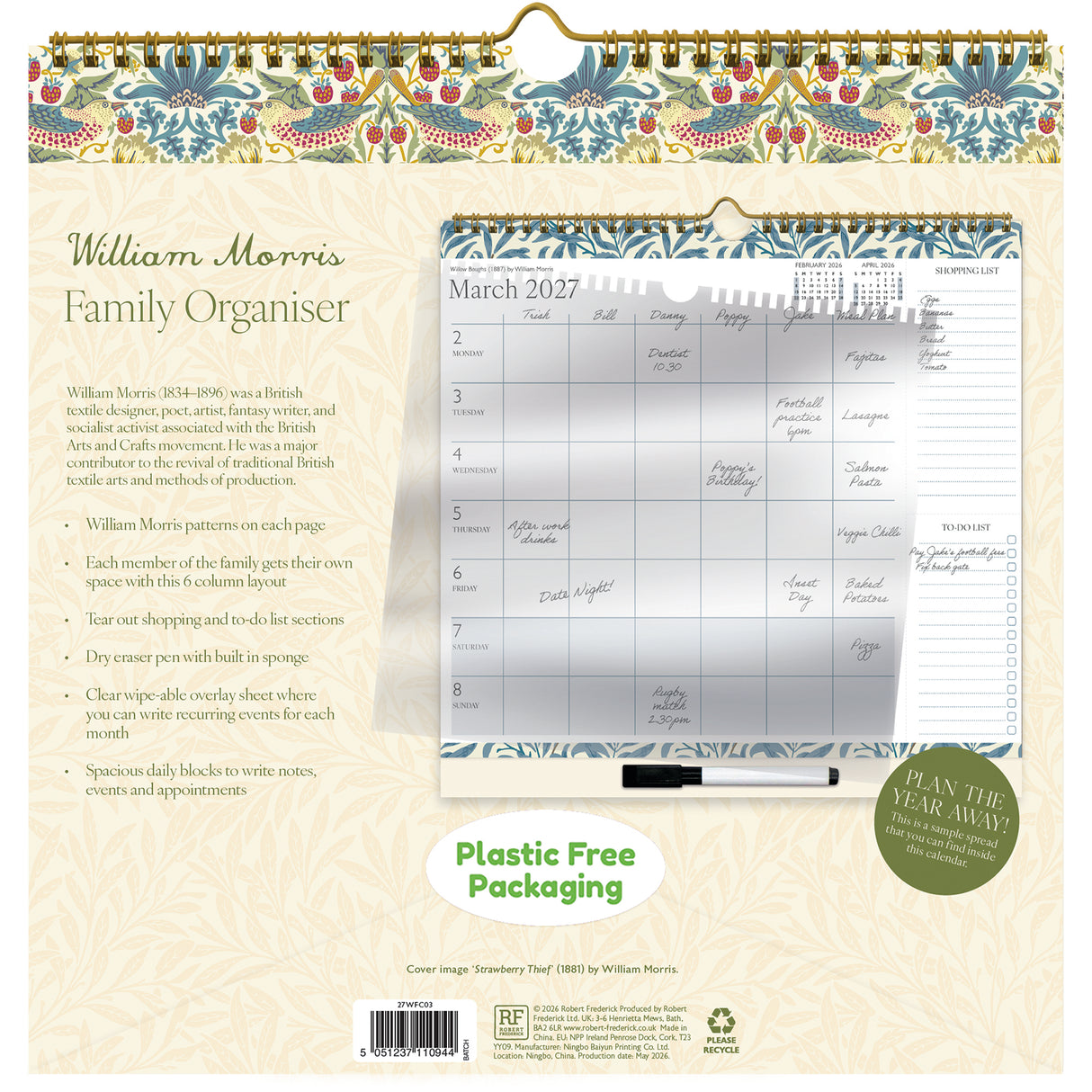 William Morris Weekly Organiser Calendar 2027