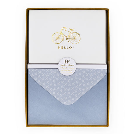 12 Notecards and Envelopes in Gift Box - “Hello” Bicycle Design