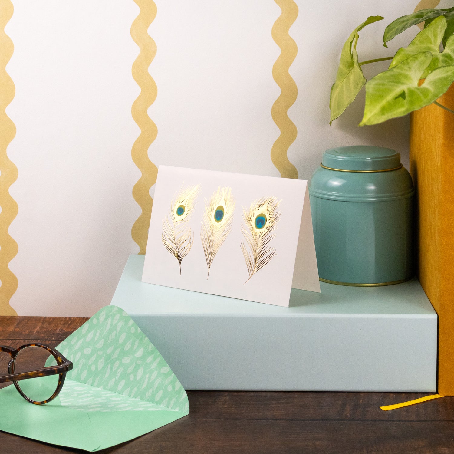 12 Notecards and Envelopes in Gift Box - Peacock Feathers Design