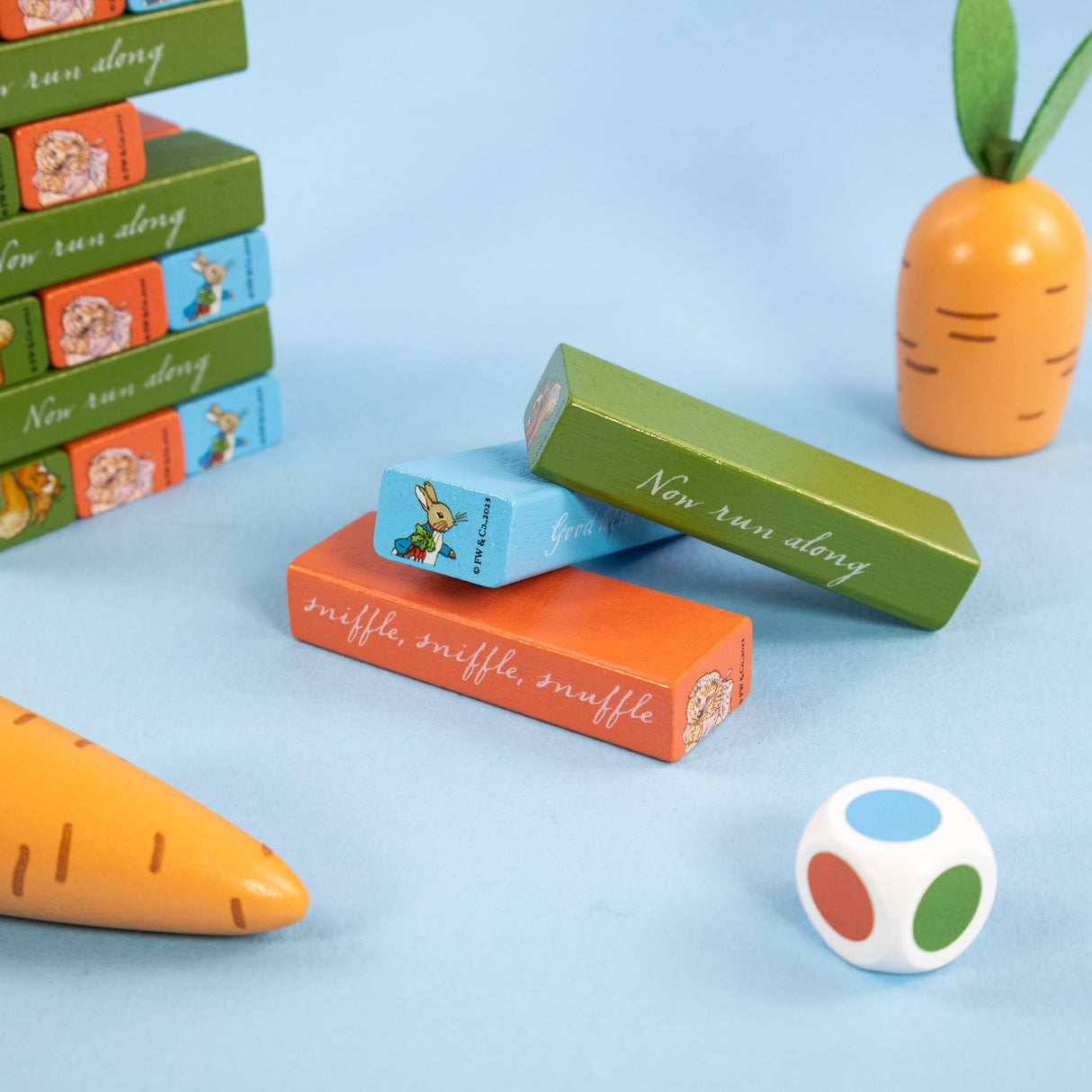 Peter Rabbit Tumble Tower Game - Wooden Stacking Set With Dice