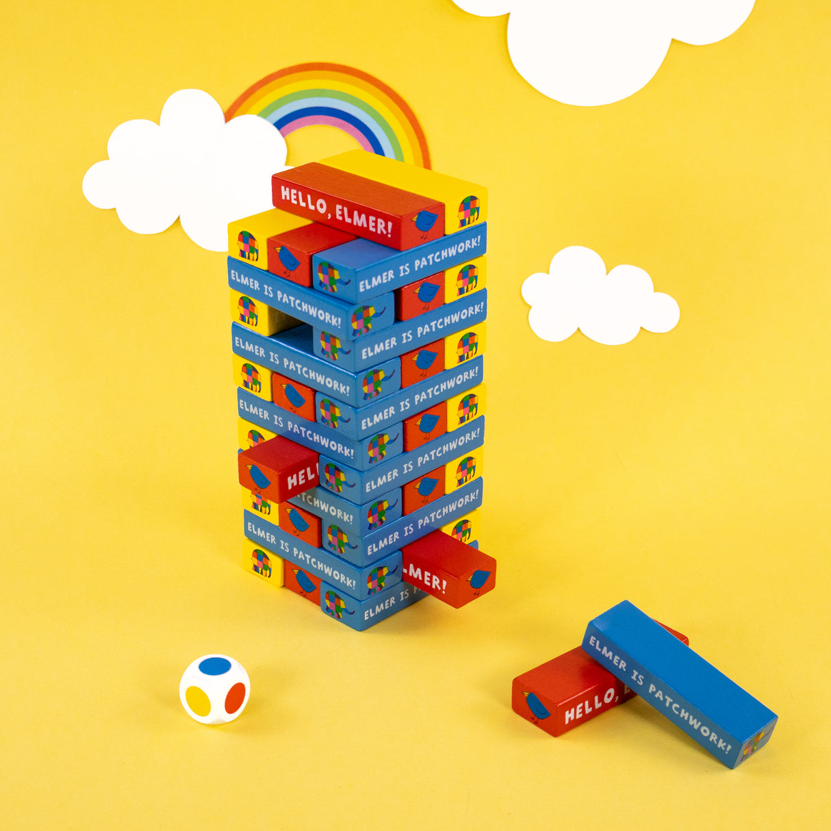 Elmer Tumble Tower Game - Wooden Stacking Set With Dice