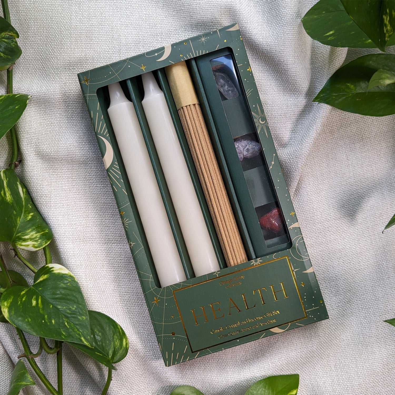 Orange Grove Health Candle, Crystal and Incense Set - Includes Two Candles and Three Crystal Stones