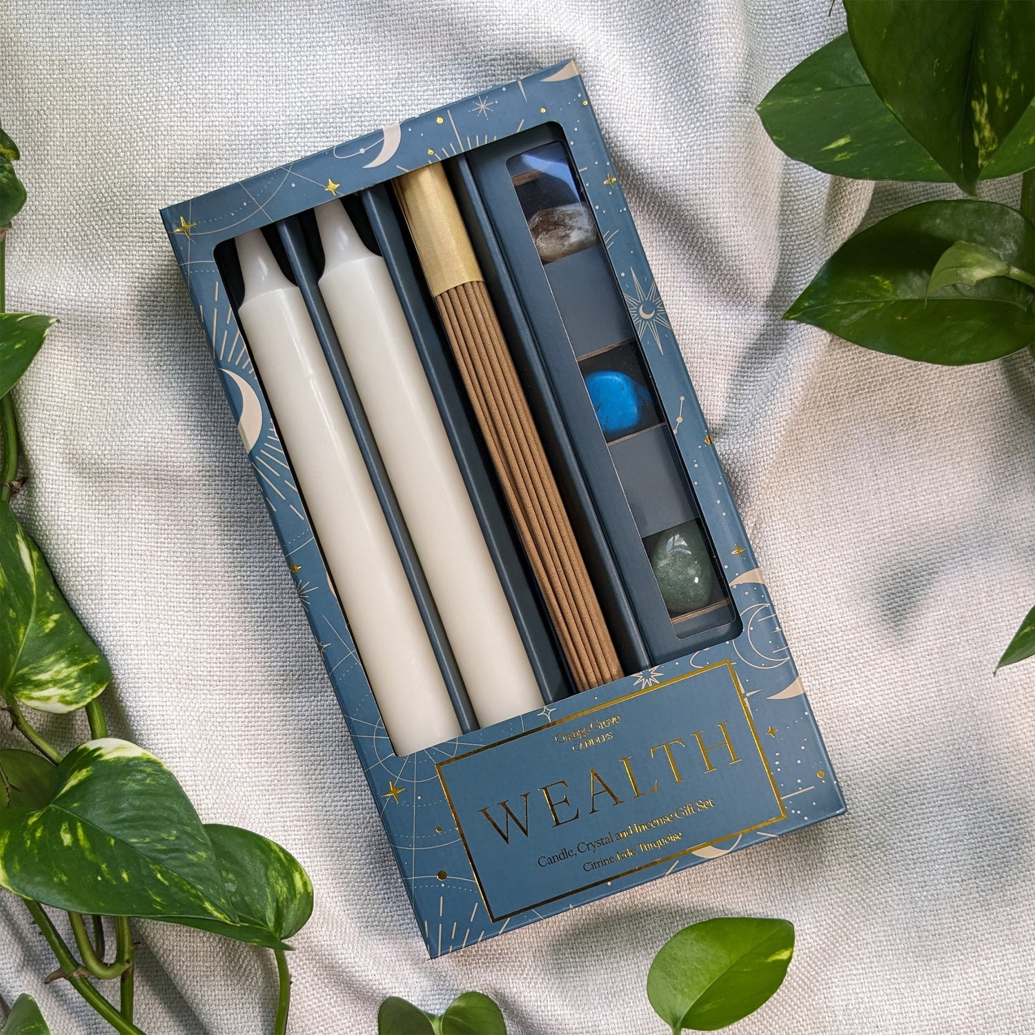 Orange Grove Wealth Candle, Crystal and Incense Set - Includes Two Candles and Three Crystal Stones