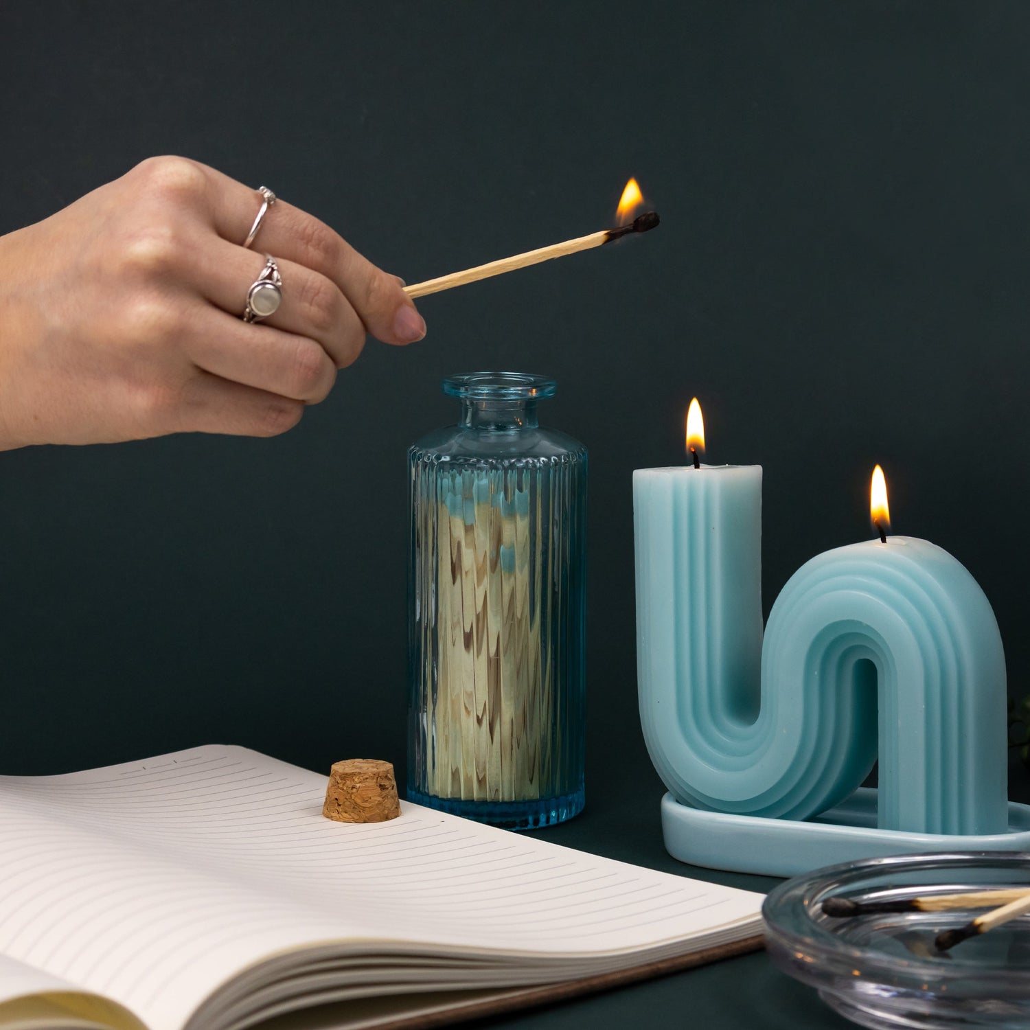 Elysian Wiggle Candle With Ceramic Tray & Matches In Glass Jar