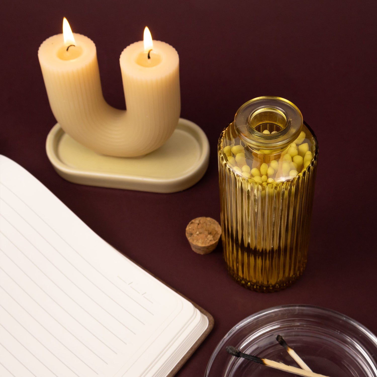 Elysian U Design Candle With Ceramic Tray & Matches In Glass Jar