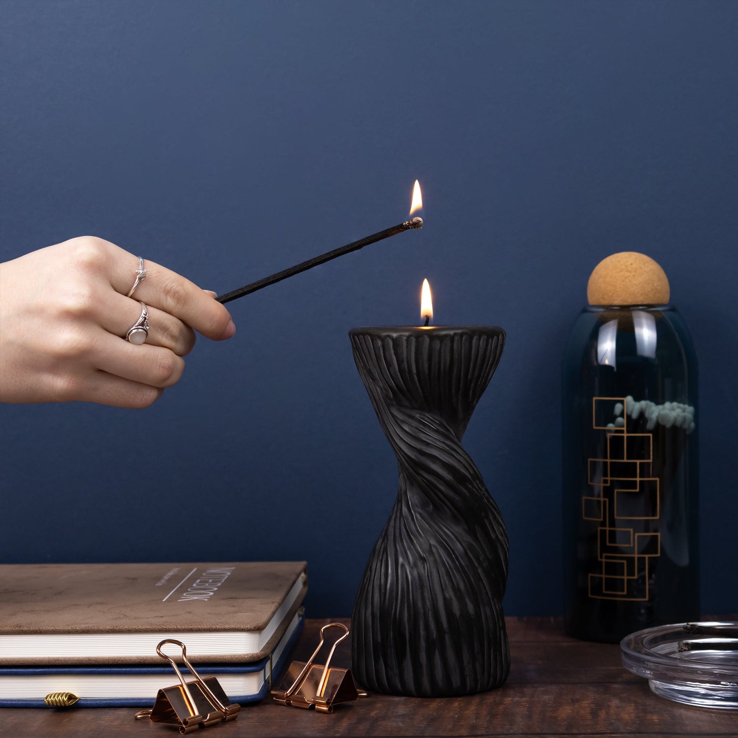 Elysian Tower Twist Candle & Matches In Glass Jar With Cork Stopper