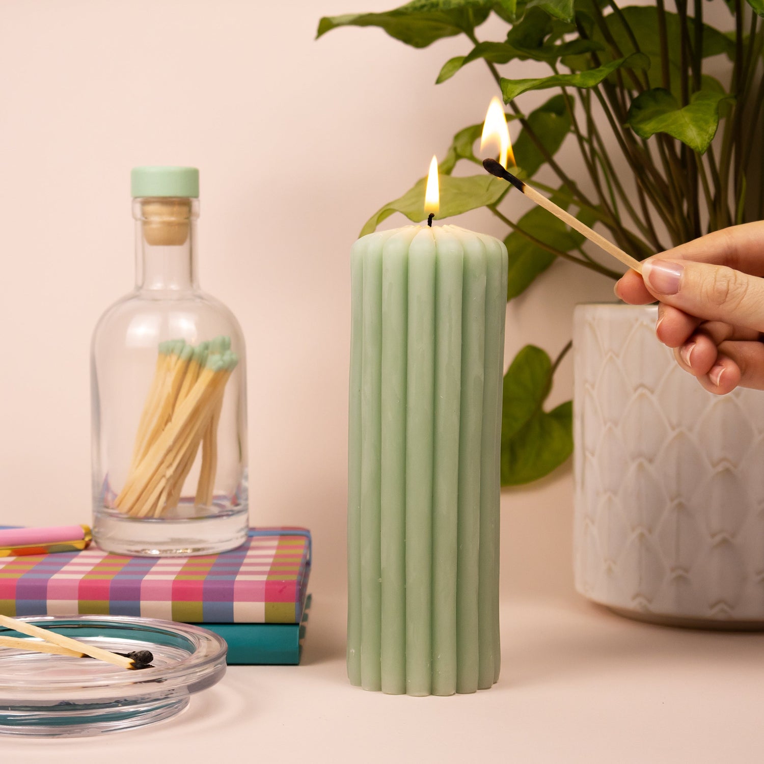 Willow and Belle Ribbed Pillar Candle & Matches In Glass Jar