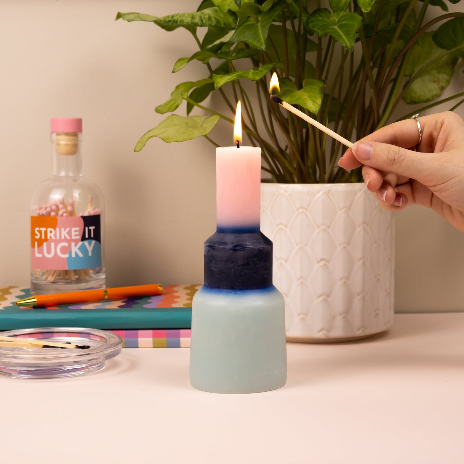 Willow and Belle Colour Block Pillar Candle & Matches in Glass Jar