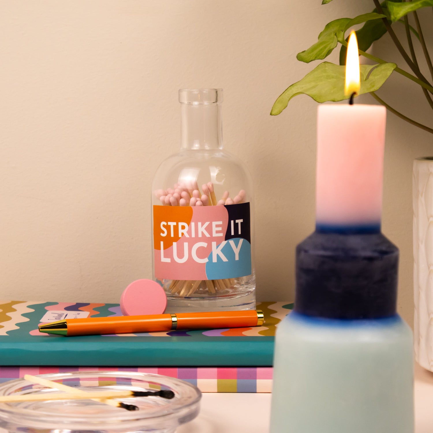 Willow and Belle Colour Block Pillar Candle & Matches in Glass Jar