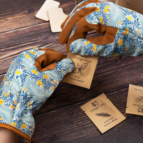 Orange Grove Gardening Gloves - William Morris Larkspur Design