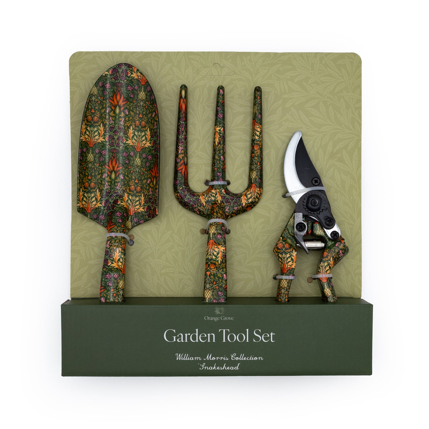 Orange Grove Fork, Trowel and Secateurs Garden Tool Set - William Morris Snakeshead Design