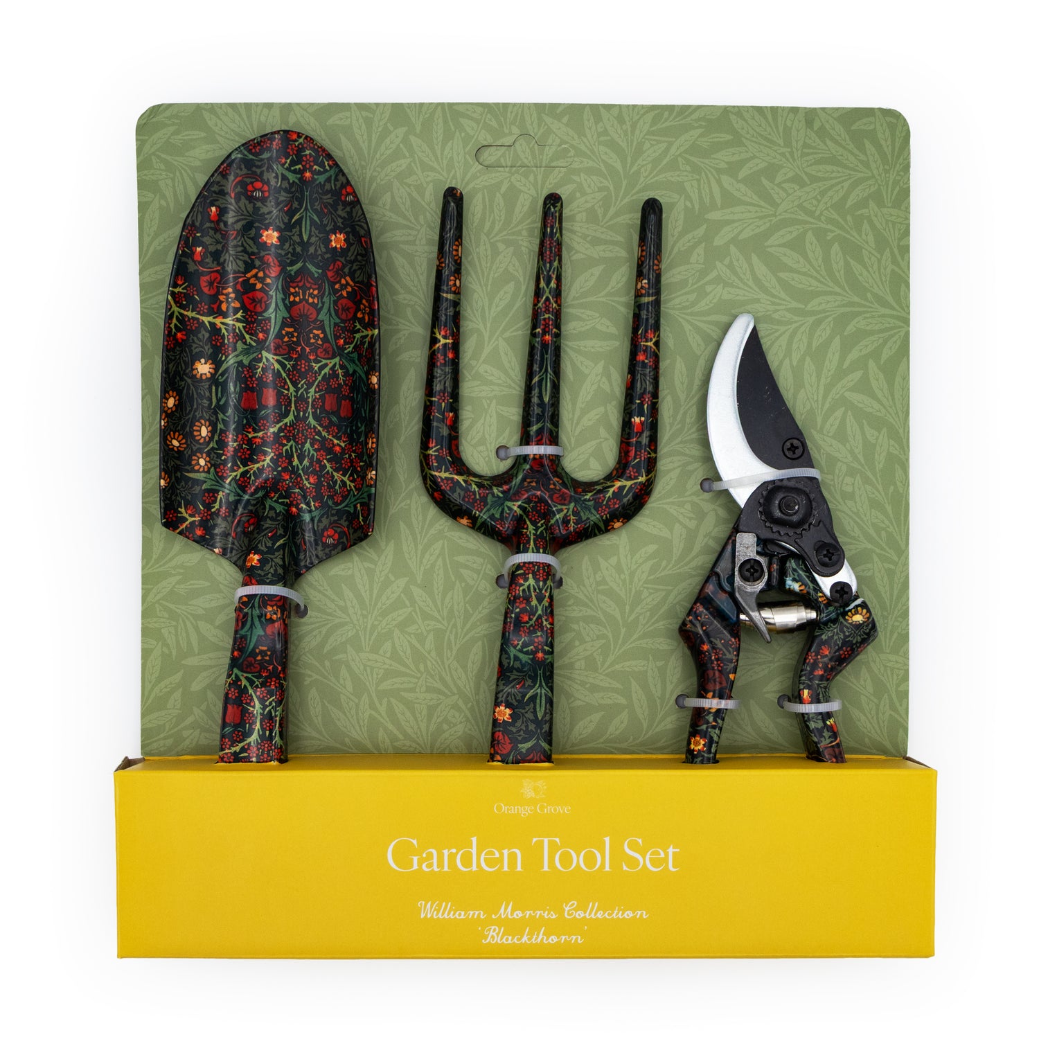Orange Grove Fork, Trowel and Secateurs Garden Tool Set - William Morris Blackthorn Design