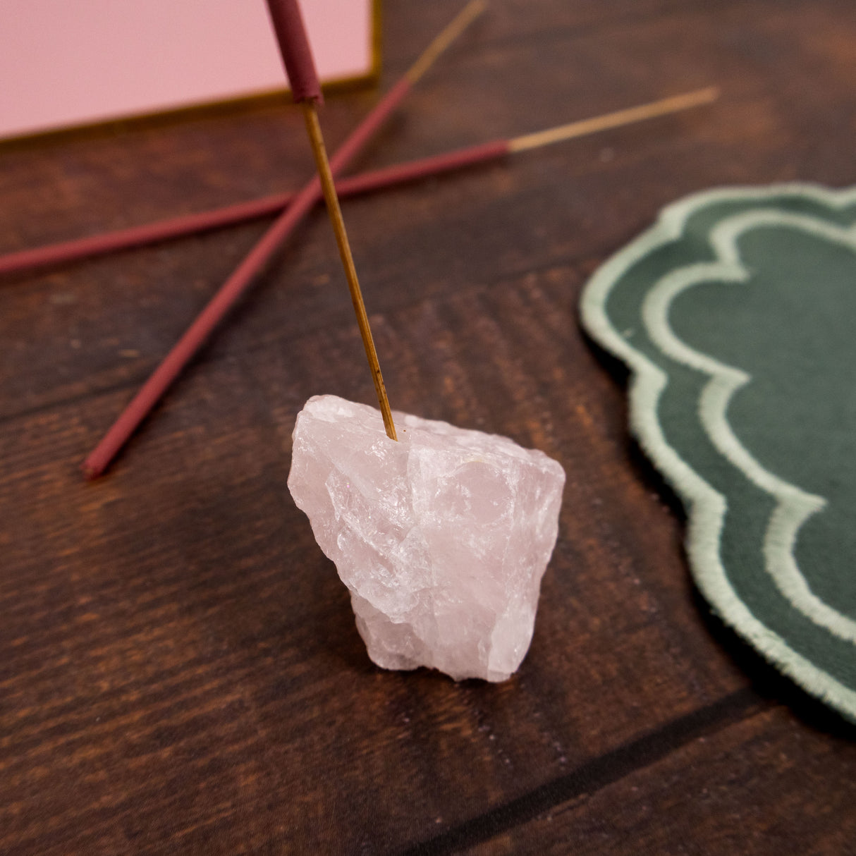 Love Incense and Crystal Holder - Rose & Patchouli Scent with Rose Quartz Crystal